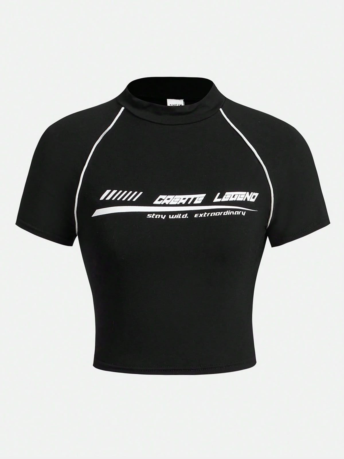 Casual High Neck Patchwork T-Shirt with Knitted Letter